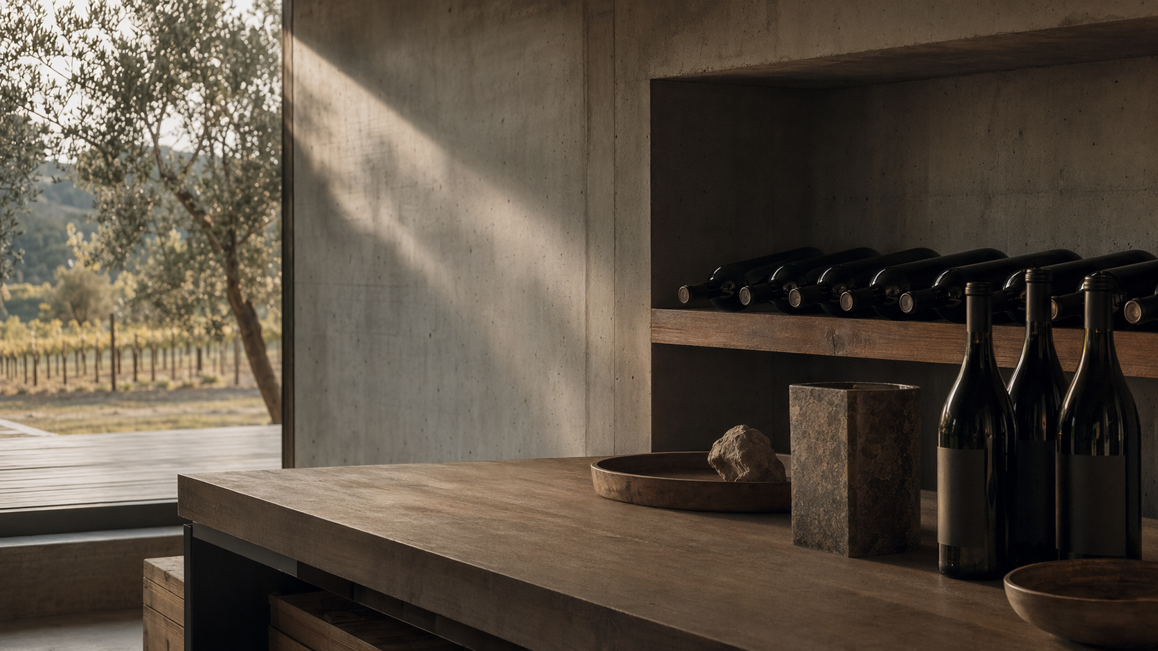 Editorial vineyard, bottle, and cement wall studies in warm natural light.